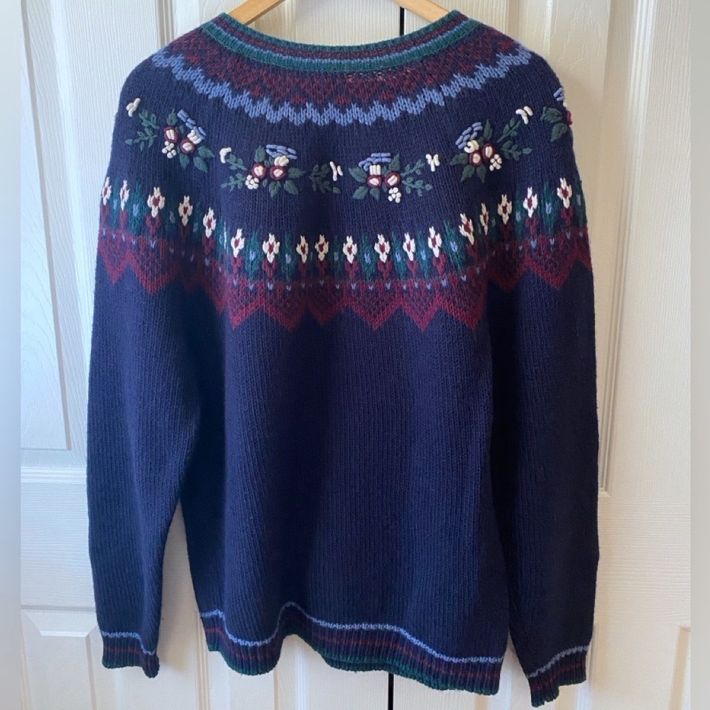 VINTAGE 1990s NORTHERN REFLECTIONS Navy Wool Blend Floral Embroidered Cardigan L - Picture 2 of 7